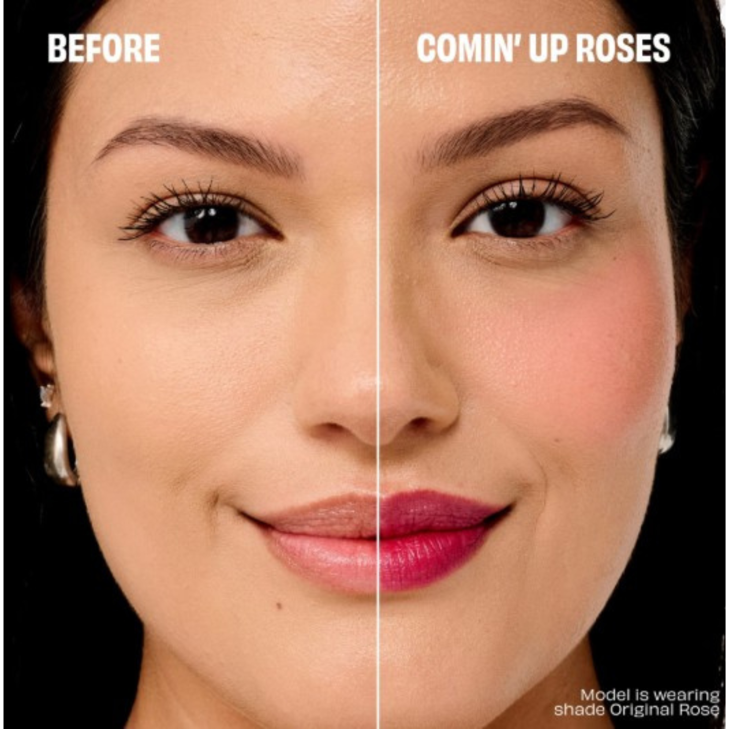 Before and after comparison of a woman's face with 'Comin' Up Roses' makeup.