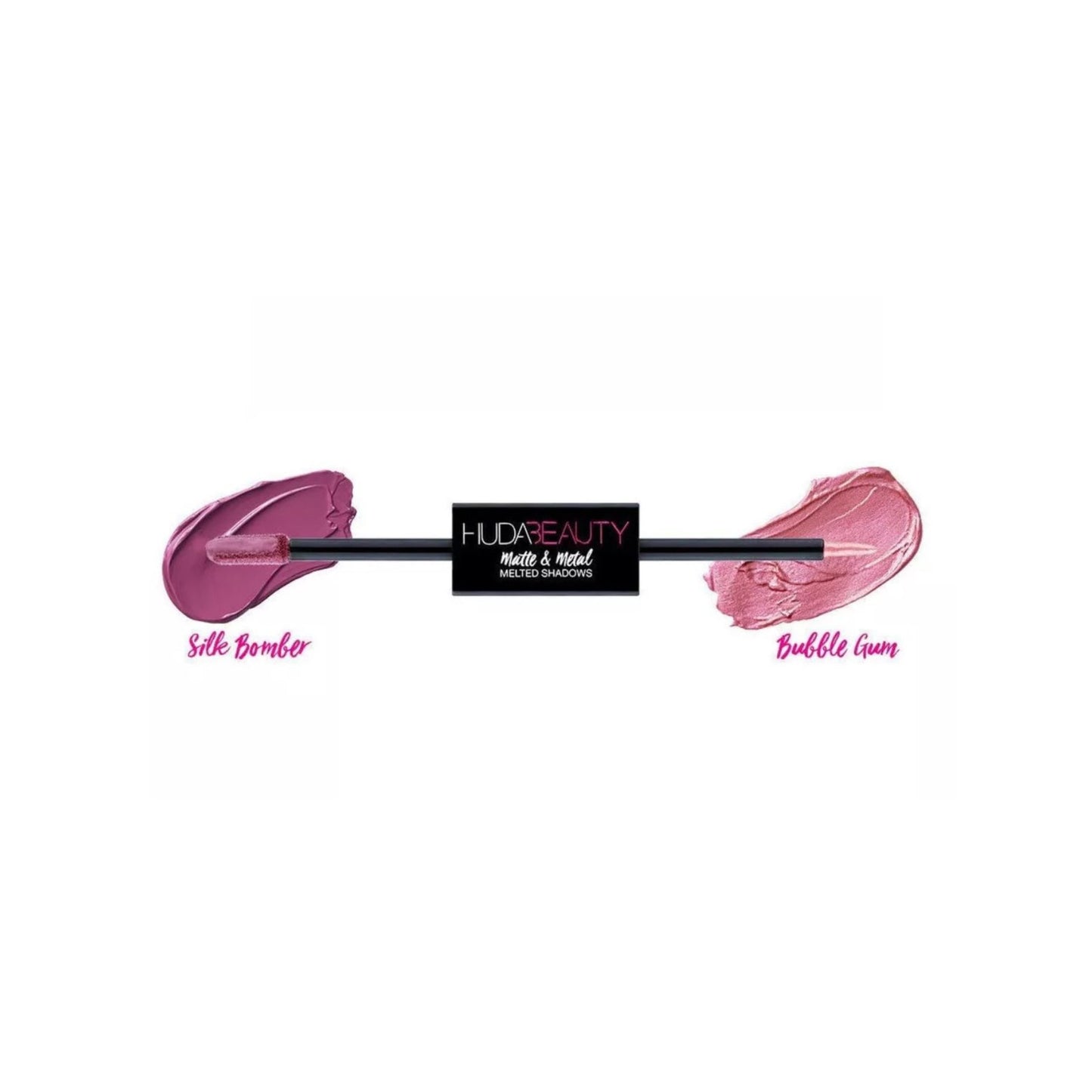 huda beauty melted eyeshadow dual ended glitter and matte silk bomber and bubble gum