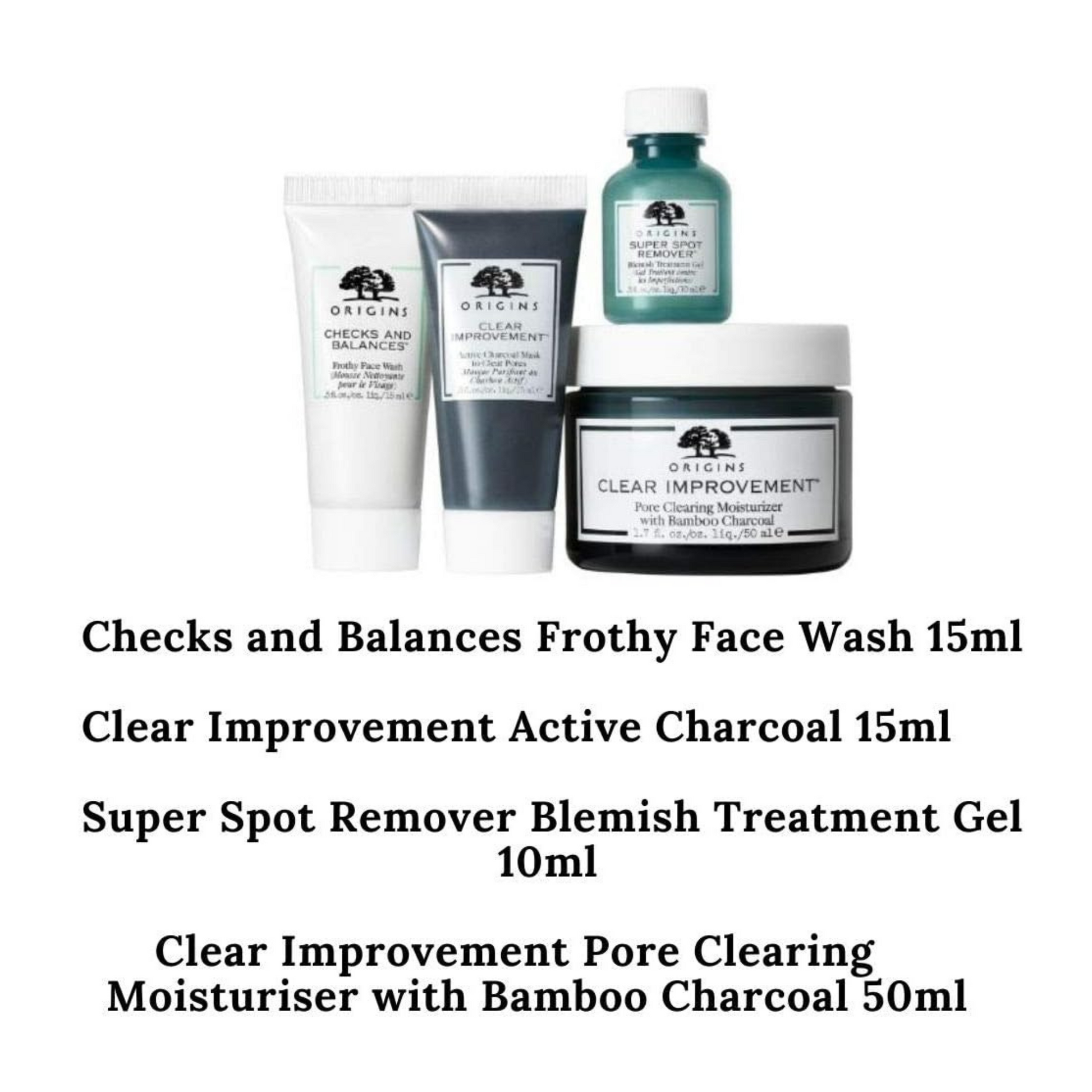 Origins Checks and Balances Frothy Face Wash 15ml, Clear improvement Active Charcoal 15ml, Super Spot Remover Blemish Treatment Gel 10ml, Clear Improvement Pore Cleaaring Moisturiser with Bamboo Charcoal 50ml