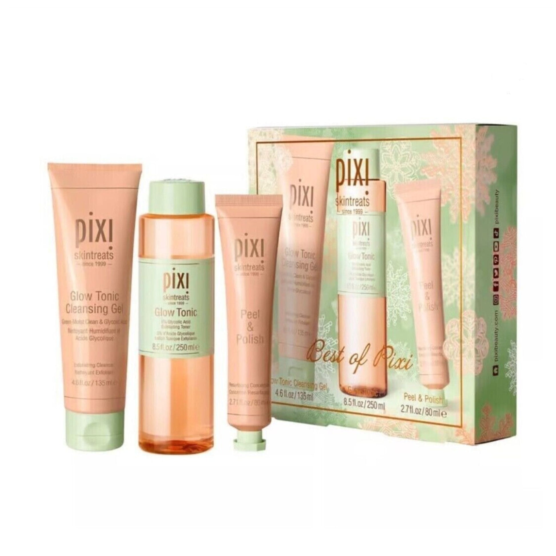 Best of Pixi Skin Treats Set With 3 Full Size Products, Pixi Glow Tonic Cleansing Gel, Glow Tonic & Peel and Polish