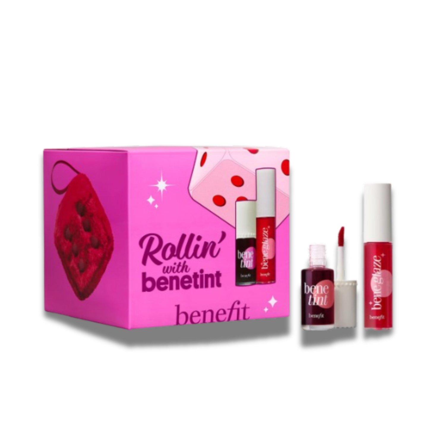 Benefit cosmetic set with pink packaging and lip products on a white background