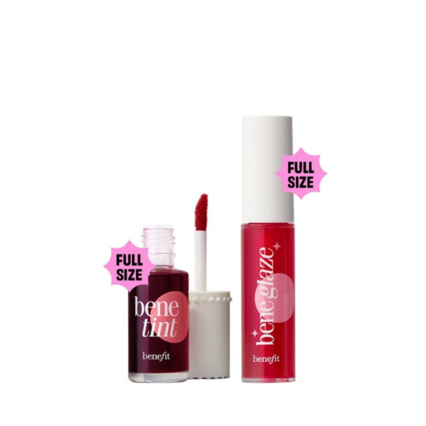 Benefit lip products including tint and glaze on a white background