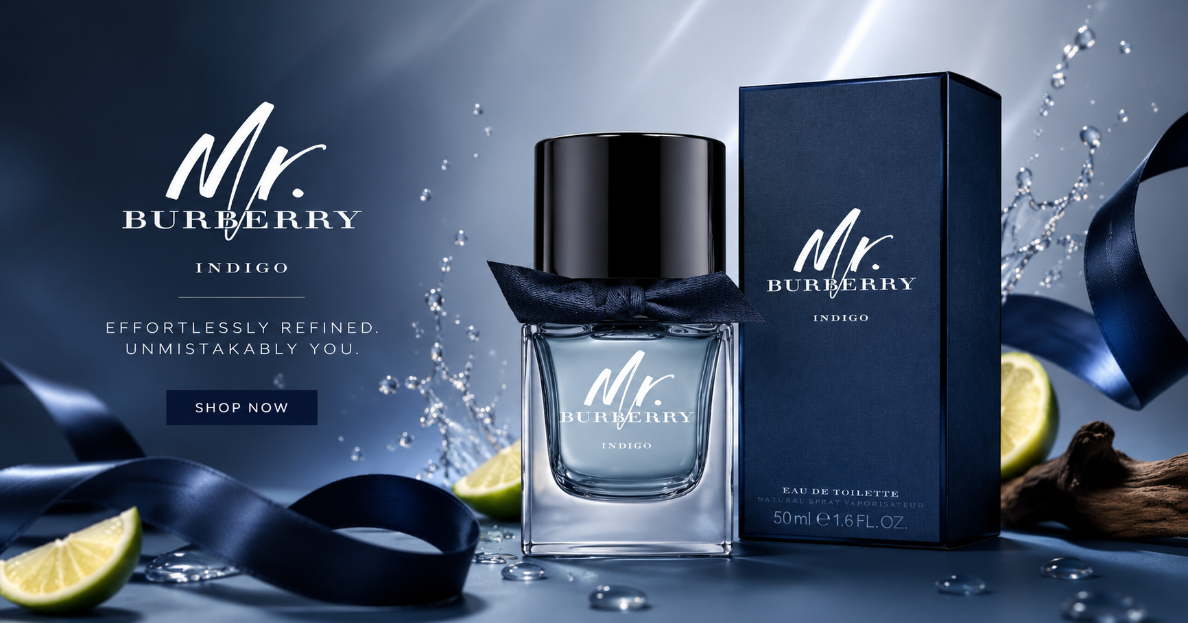 Mr. Burberry Indigo perfume bottle and packaging on a blue background with water droplets.