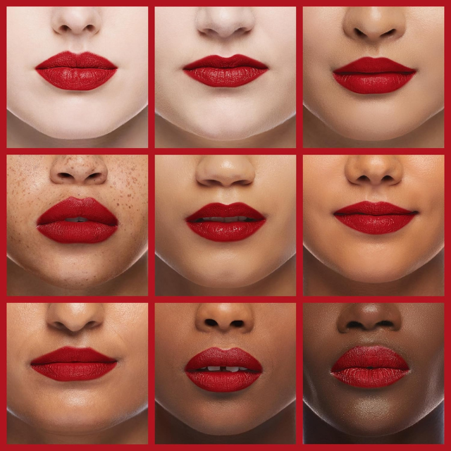 Grid of close-up images of lips wearing red lipstick on a red background