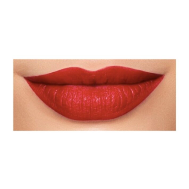 Close-up of red lipstick on lips with a beige background