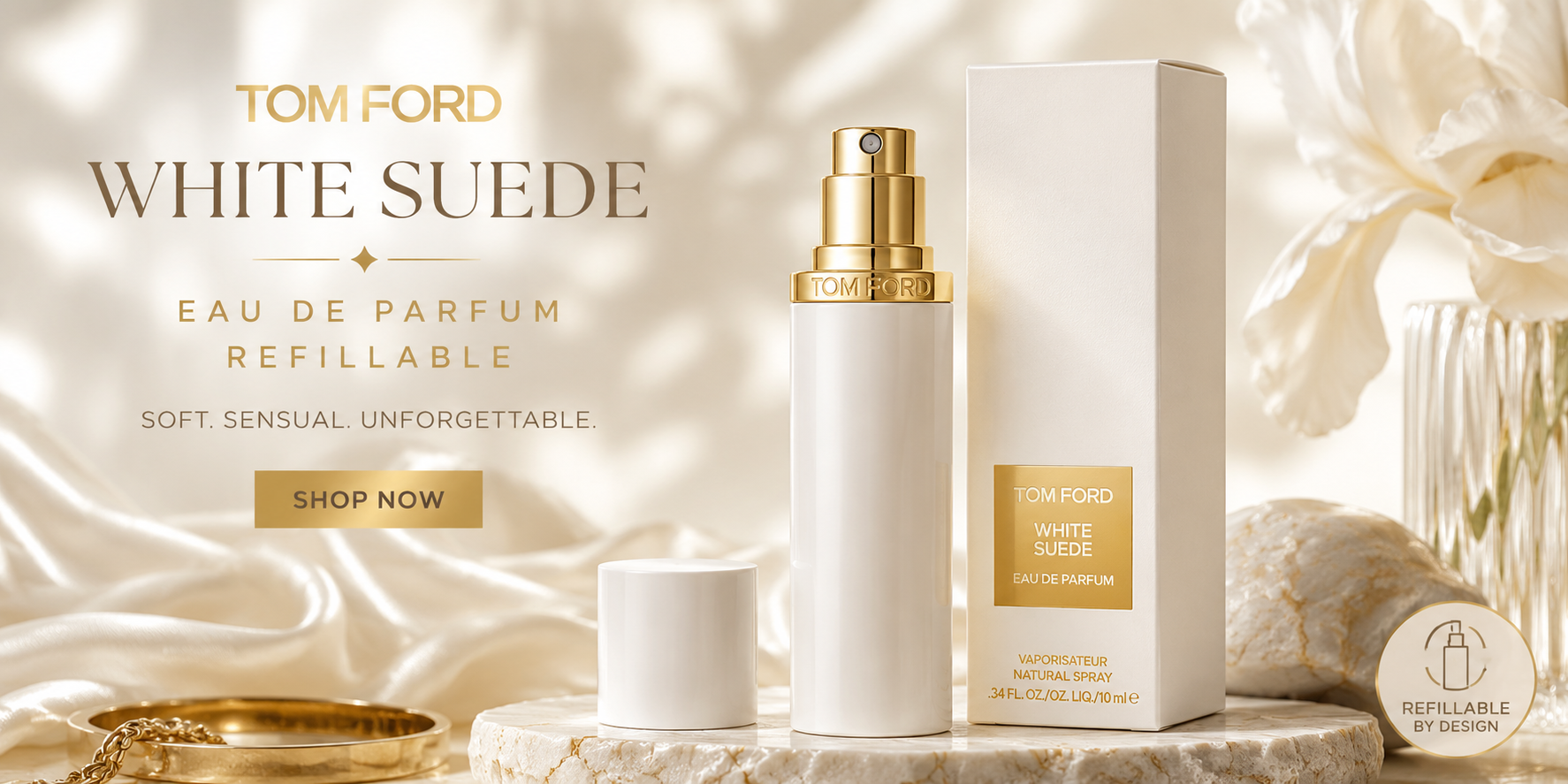 Tom Ford White Suede perfume bottle and packaging on a soft, neutral background
