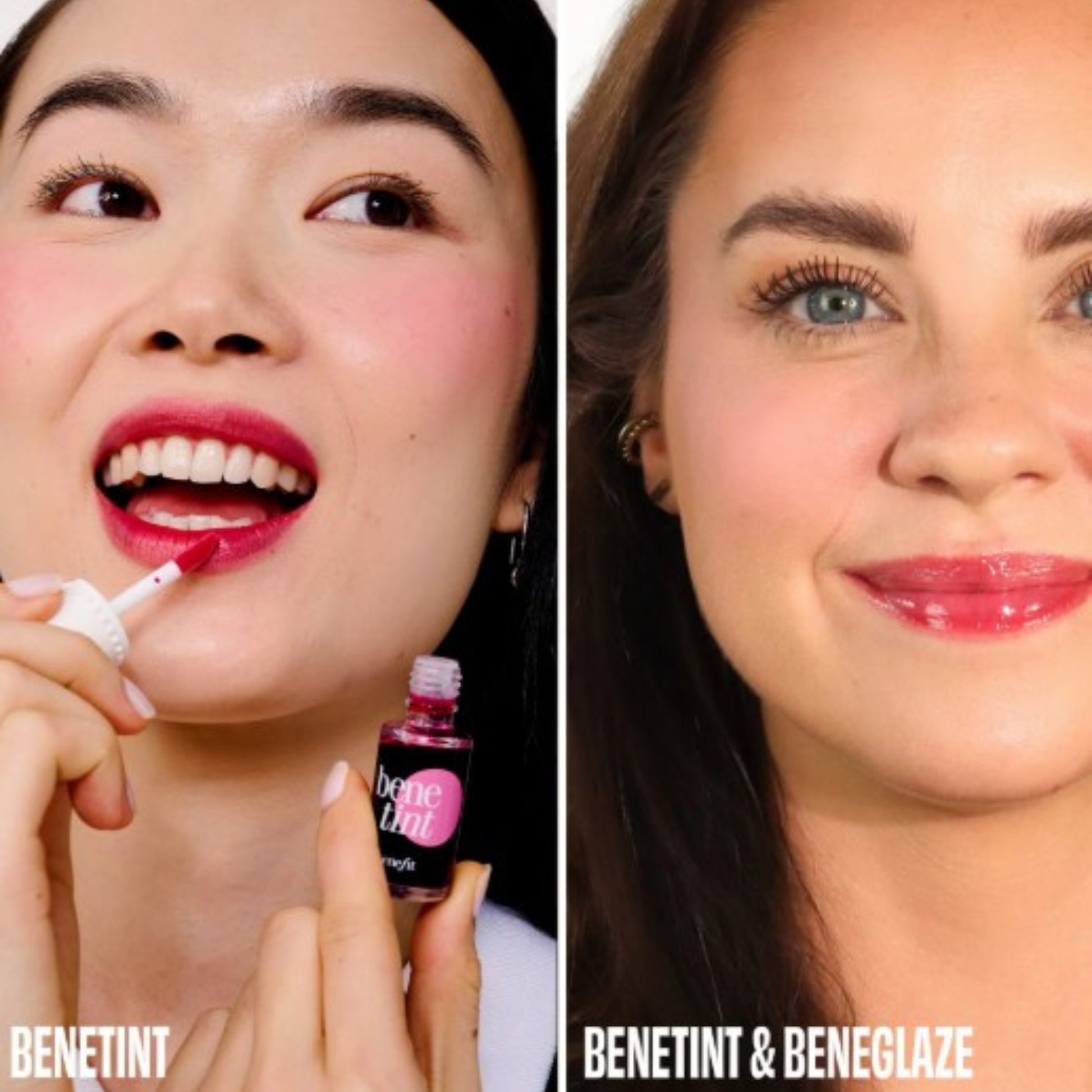 Two women applying Benetint lip product with a close-up of the product bottle.