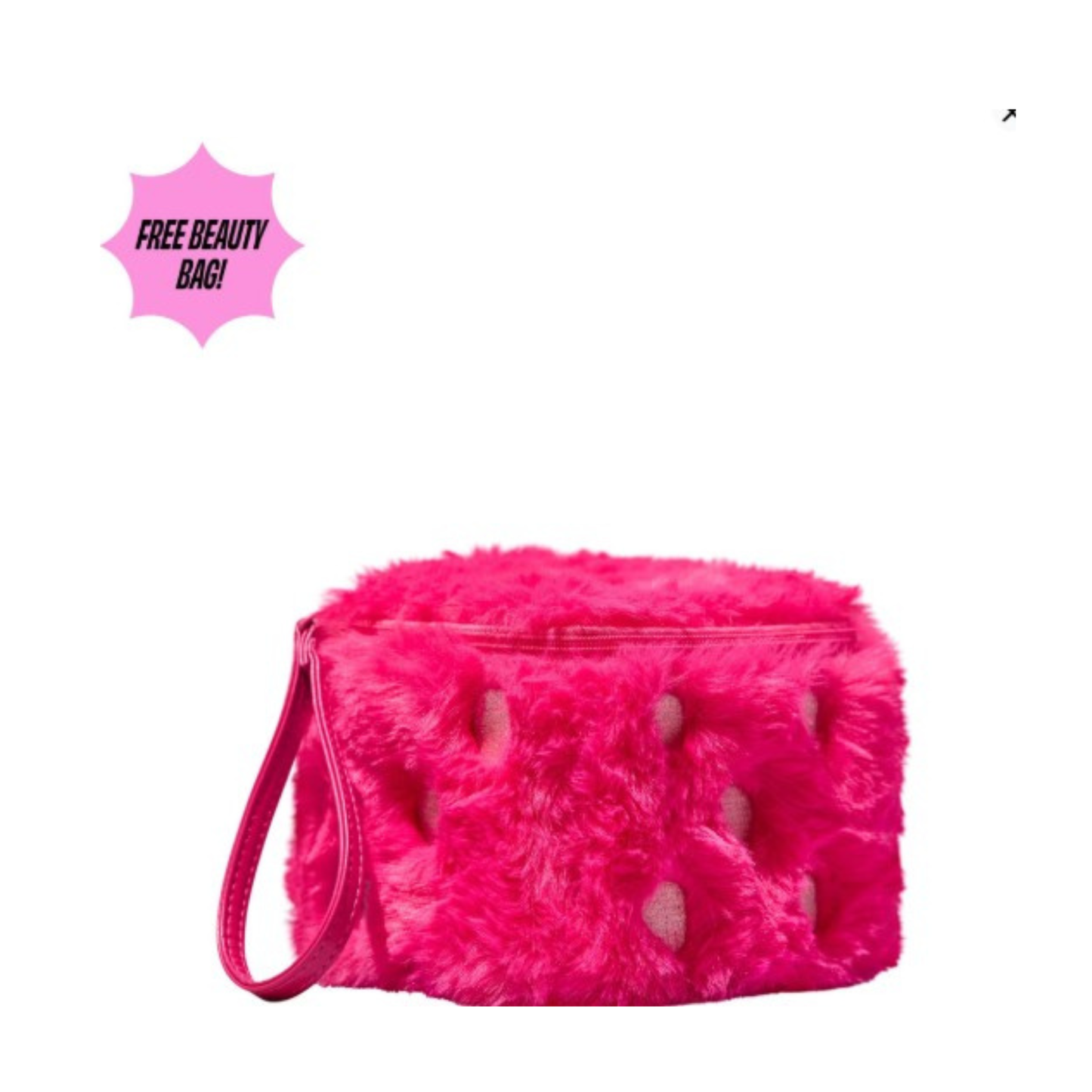 Pink fluffy pouch with a free beauty bag offer on a white background