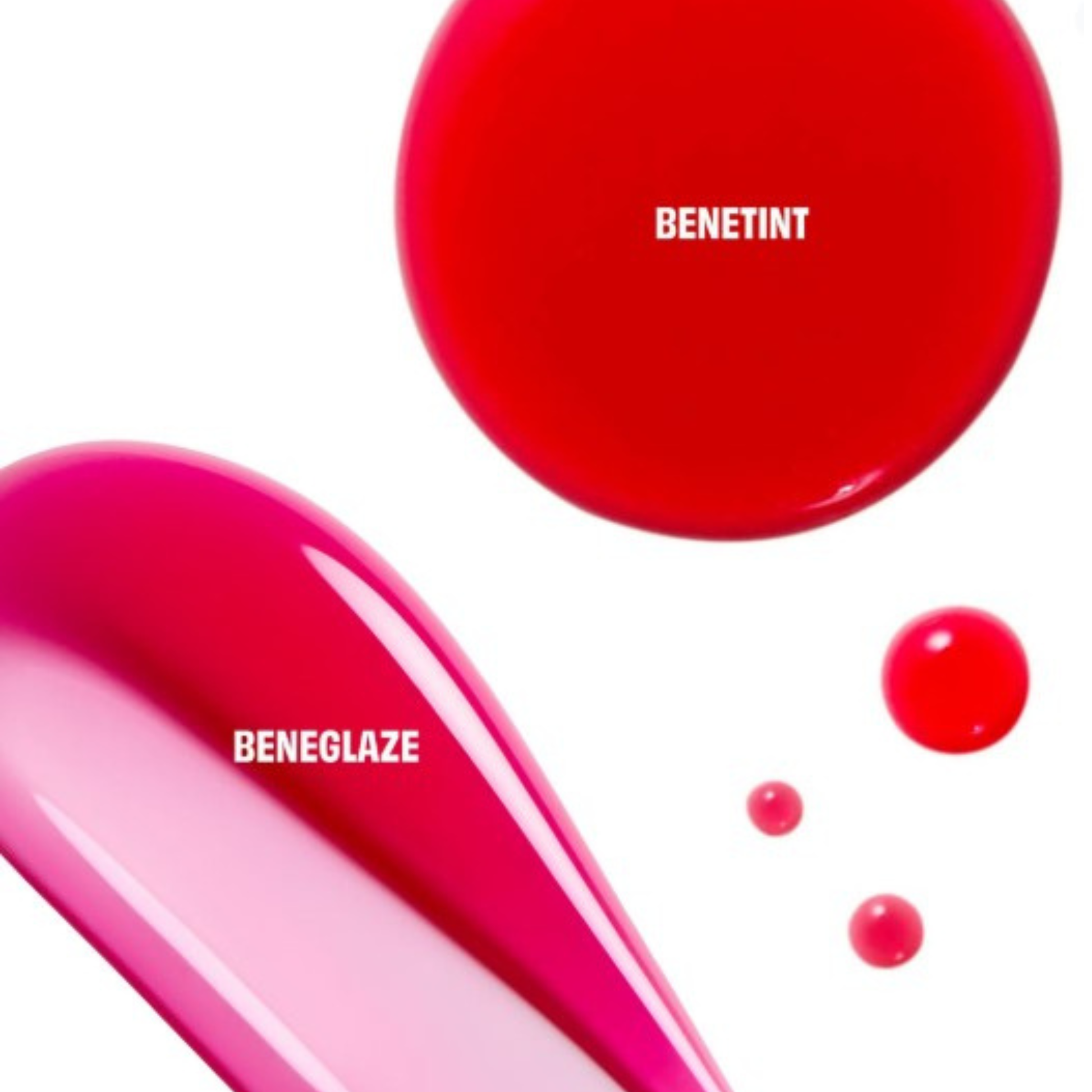 Red and pink nail polish with 'BENETINT' and 'BENEGLAZE' text on a white background