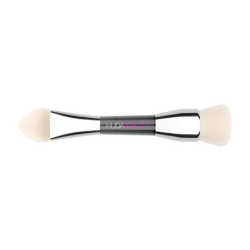 Makeup brush with a black handle and white bristles on a white background