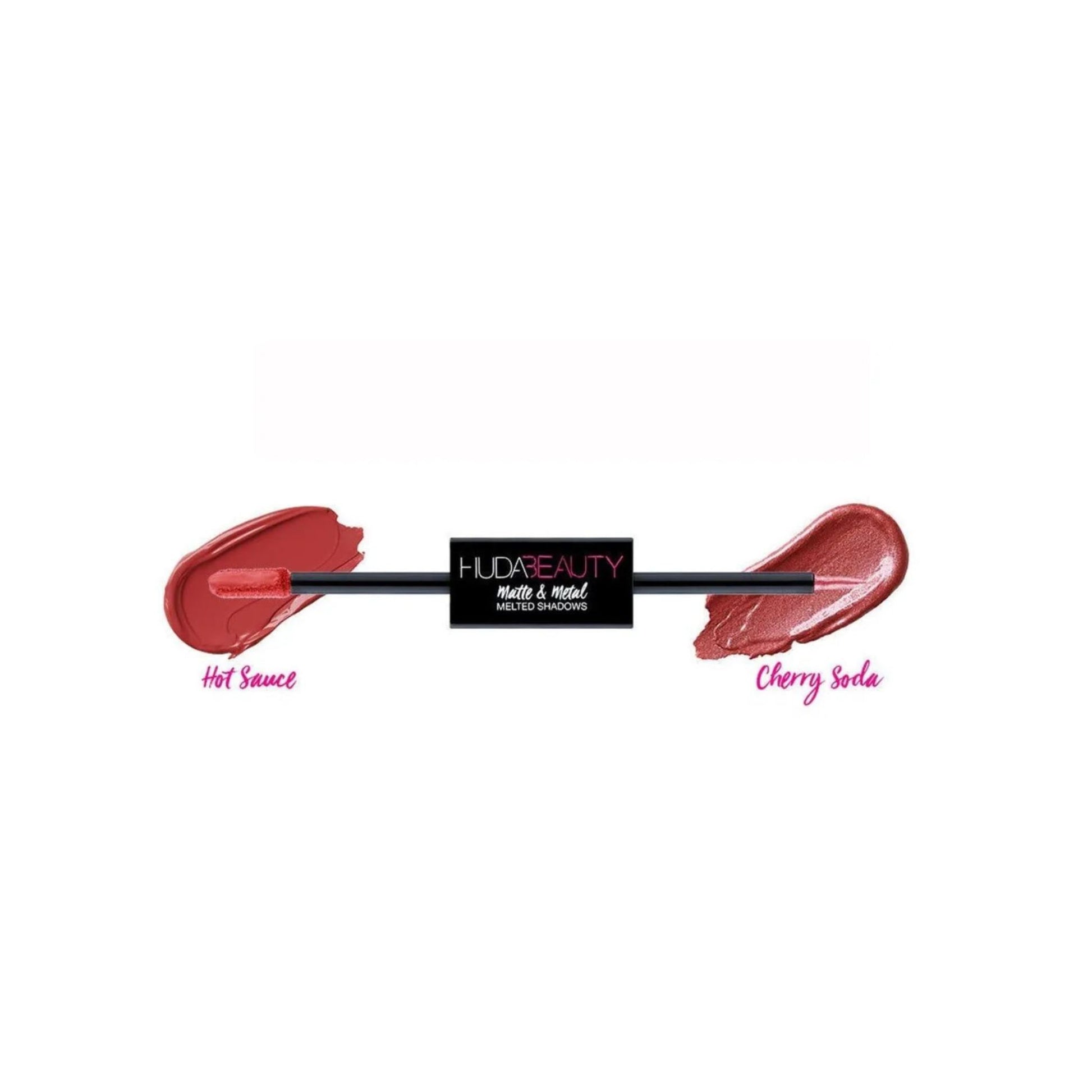 huda beauty melted eyeshadow dual ended glitter and matte, hot sauce and cherry soda
