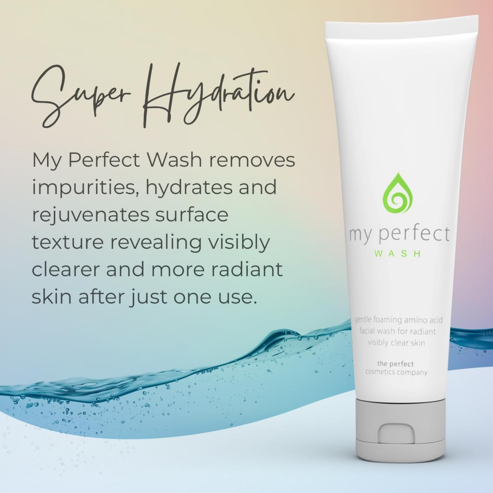 my perfect face wash super hydration, removes impurities, hydrates and rejuvenates surface texture revealing visibly clearer and more radiant skin after just one use.